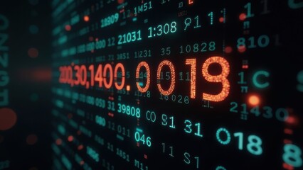 Obraz premium Digital screen with glowing numbers and binary code on a dark background. Data analysis, cybersecurity, or programming information. Design for finance, cybersecurity, and programming themes