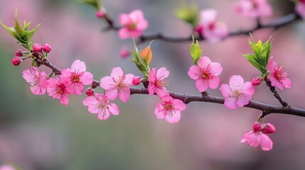 Obraz premium Cherry blossom branches adorned with delicate pink flowers in springtime bloom