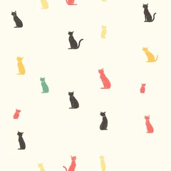 A playful pattern featuring stylized cats of various colors on a light background, ideal for designs related to pet care, children's products, or home decor, It adds a whimsical touch to any project,