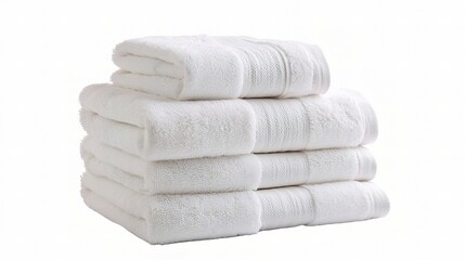 Stack of Clean White Towels Isolated on White Background for Spa, Bathroom, or Hospitality Use Featuring Soft Texture and Cozy Appearance