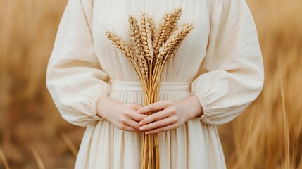 Virgo maiden holding wheat, natural backdrop, symbol of purity
