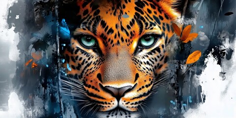 Digital painting of a fierce leopard with striking green eyes, highlighted against a creative...