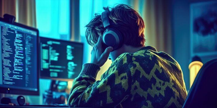 shot of a young software developer in a green patterned sweater, wearing headphones