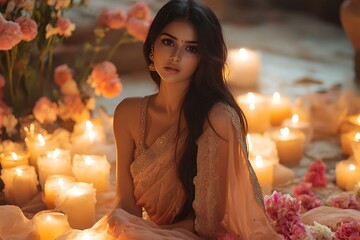 Woman in Golden Sari Surrounded by Candlelight Glow2