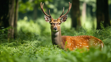 Naklejka premium Jeleń w bujnym, zielonym lesie, otoczony gęstą roślinnością, która podkreśla dzikość i piękno naturalnego środowiska. 
