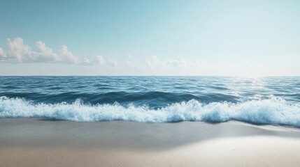 Fototapeta premium A wave crashes onto the sandy beach, with the bright blue sky and fluffy white clouds above.