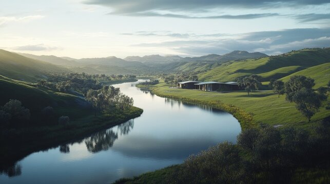 A winding river flows through a picturesque valley, with rolling green hills and a modern building nestled in the landscape.