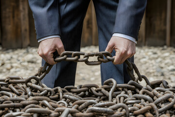 Close-up of hands in a suit gripping heavy rusty chains, symbolizing struggle, burden, resilience, and challenges in overcoming obstacles in life or work