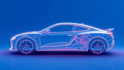 A digital rendering of a sleek, futuristic car with a visible framework.