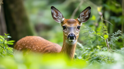 Fototapeta premium Jeleń w bujnym, zielonym lesie, otoczony gęstą roślinnością, która podkreśla dzikość i piękno naturalnego środowiska. 