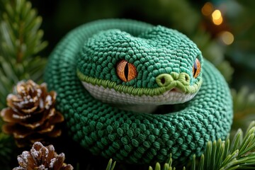 Fototapeta premium Knitted green snake toy on christmas fir tree. New Year 2025