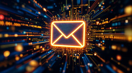 Obraz premium A glowing blue mail icon surrounded by streams of digital data, symbolizing the fast flow of electronic communication in a virtual, futuristic digital world