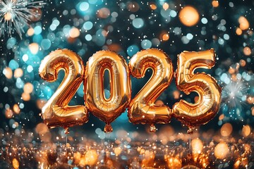 New Year 2025 celebration with colorful firework lights and sparkling