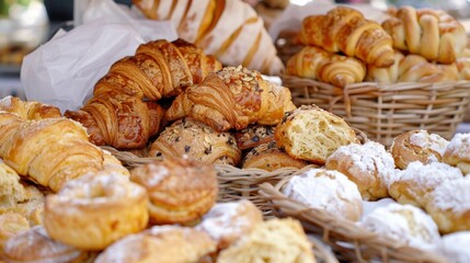 Mouthwatering display of freshly baked croissants and pastries, arranged enticingly in wicker baskets at a bakery or market stall