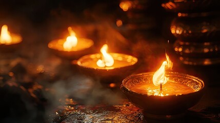 Close-up of flickering candle flames in ornate golden bowls, casting a warm glow in a dimly lit setting.
