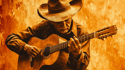 Cowboy Playing Acoustic Guitar in Rustic Setting