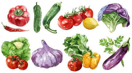 Watercolor vegetables set. Vegan healthy food. Hand painted illustration on white background