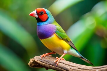  A stunning Gouldian Finch perched on a textured branch, its multicolored plumage glowing in shades of green, purple, yellow, and red, complemented by a lush tropical background.