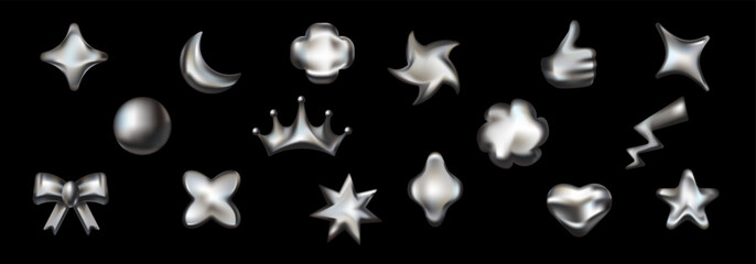 Collection of geometric figures in a retro chrome style, including spheres, crowns, and hearts with a 3D metallic surface that feels cosmic.