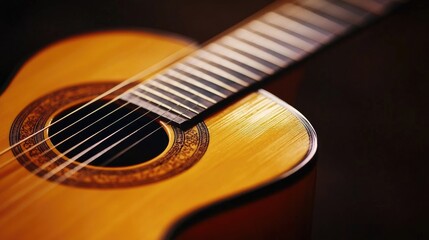 Fototapeta premium Close-up of an acoustic guitar, showcasing the intricate details of the soundhole and fretboard.