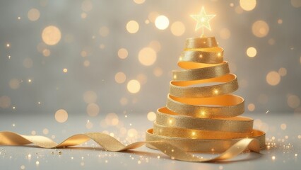 Christmas tree made of gold silk satin ribbons. Sparkles and golden bokeh. New Year card, space for text