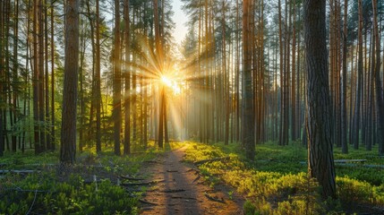 Fototapeta premium Golden hour forest landscape basking in warm and soft sunlight