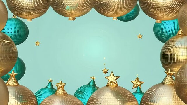 creative Christmas pattern frame featuring shiny gold disco balls mint green 4k background video offering trendy festive look holiday greeting cards New Year&rsquo;s party invitations seasonal promotions