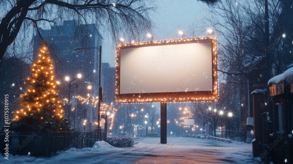 Poster a snowy park at night features a brightly lit christmas tree surrounded by twinkling lights, while a