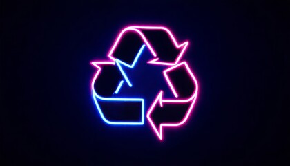 A neon pink and blue recycle symbol glowing in the dark.