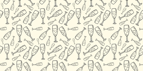 Two clinking champagne glasses on seamless pattern. Vector illustration in doodle style. Pattern design