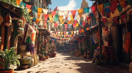 A colorful street market with hanging flags and vibrant goods on display. The alleyway has a festive feel with a lively atmosphere.