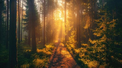 Obraz premium Golden hour forest landscape basking in warm and soft sunlight