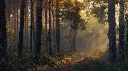 Fototapeta premium Golden hour forest landscape basking in warm and soft sunlight