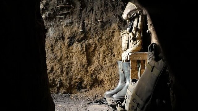 A view inside a military dugout, with a helmet, jacket, and boots neatly arranged, capturing the essence of a soldier's temporary shelter on the front lines