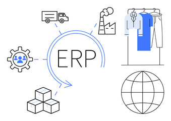 ERP system elements connecting gear, delivery truck, factory, shirts, globe, and boxes. Ideal for business process, supply chain logistics inventory manufacturing software global trade. Line