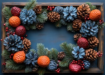 Fototapeta premium Frame with Pine Cones and Berries. 