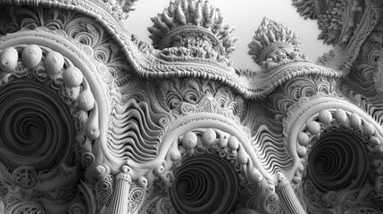 Abstract black and white image of intricate, swirling patterns that resemble an architectural structure.