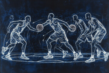 Chalkboard drawing of basketball players making different moves on court. Game tactic and teamwork concept