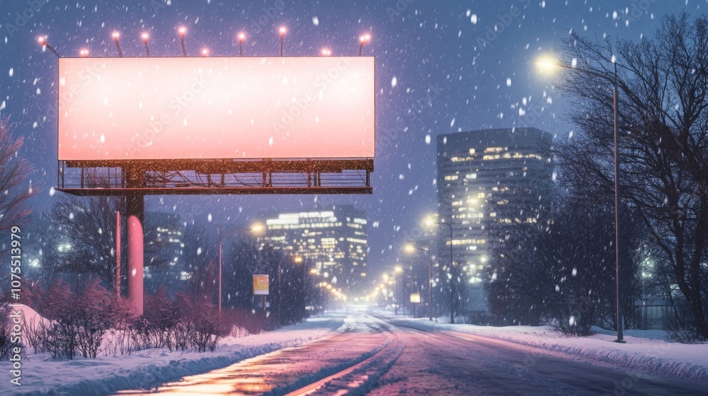 Aufkleber a quiet winter evening features an empty billboard surrounded by snow-covered streets and tall city 