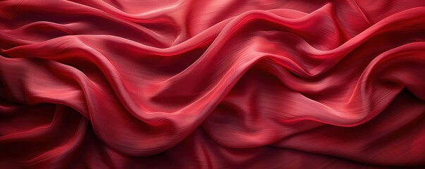 Obraz premium Luxurious red silk fabric with flowing waves and folds creating elegant abstract texture. Rich crimson satin material with smooth undulating curves and soft shadows. 8k panoramic background