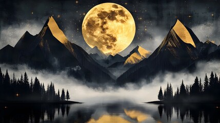 Majestic Moonlit Mountain Range with Serene Reflective Lake