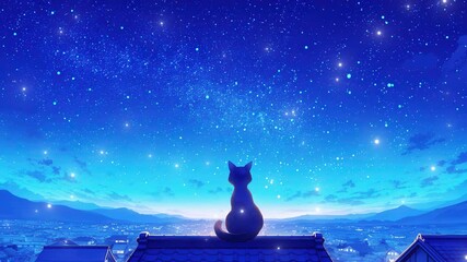 curious cat watches the stars illuminate tranquil evening sky in countryside. stream overlay seamless loop Vtuber streamer asset twitch zoom OBS screen animated wallpaper virtual backgrounds