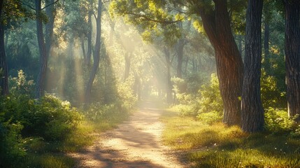 Fototapeta premium Sunlight streams through the trees, illuminating a path through a lush, green forest.