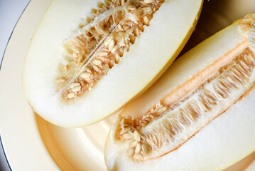 Ripe cut melon. Yellow melon in autumn.