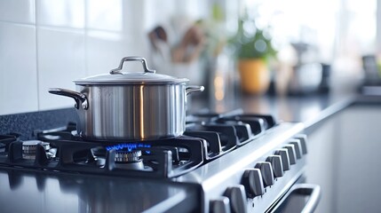 A stainless steel pot sits on a gas stove with a blue flame.