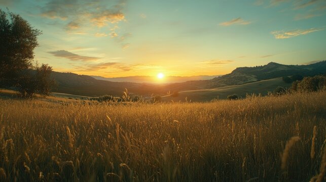 Golden hour light bathes a field of tall grass as the sun sets behind rolling hills.