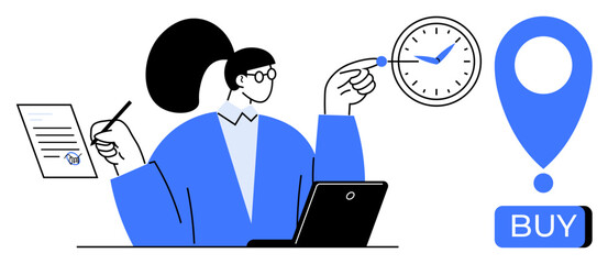 Professional considering purchase decision, featuring a laptop, document, clock, and prominent buy button. Ideal for business, e-commerce, decision-making, productivity, time management, online
