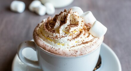 Cozy homemade hot chocolate with whipped cream cocoa powder