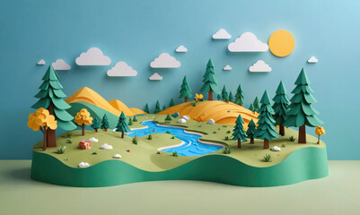A papercraft scene depicts a sunny day with a winding river flowing through a green valley with lush trees and hills