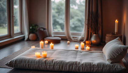 Eco-themed meditation space with candles and natural light